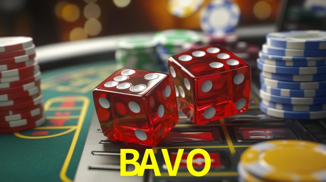 Una escena digital vívida inspirada en casino con BAVO mostrado prominentemente, luces brillantes, fichas, cartas y acentos dorados.