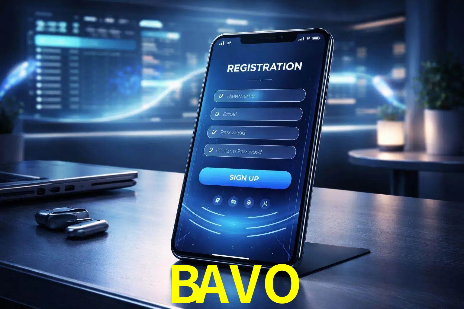 Una interfaz moderna de registro móvil para BAVO mostrada en un smartphone con un panel de apuestas elegante.